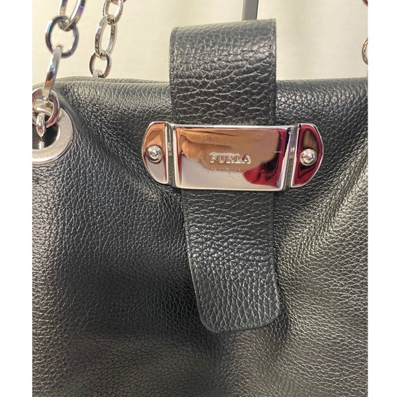 Furla Black Pebbled Leather Tote Bag Silver Chain Shoulder Strap Slouchy Hobo - Picture 2 of 15